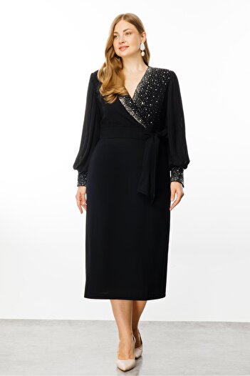 Moda İlgi Black Modailgi Dress - Pleated Sleeves and Stone Detail