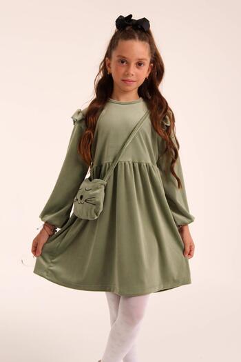 Perendi Girl's Velvet Dress - Cat Pattern and Bag, Çağla