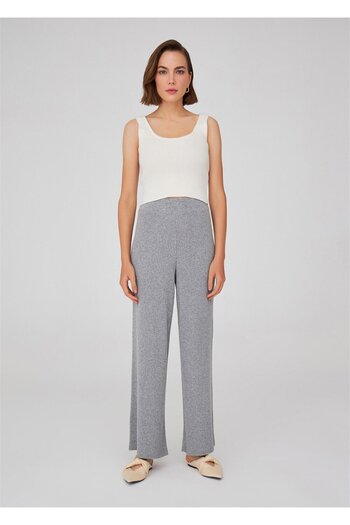 Peraluna Gray Melange Women's Knitwear Trousers - Loose Cut, Pipe Leg