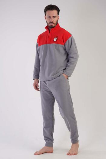 VİENETTA Men's Long Sleeve Fleece Gray Pajamas Set C2T8N1O303