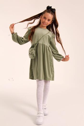 Perendi Girl's Velvet Dress - Cat Pattern and Bag, Çağla