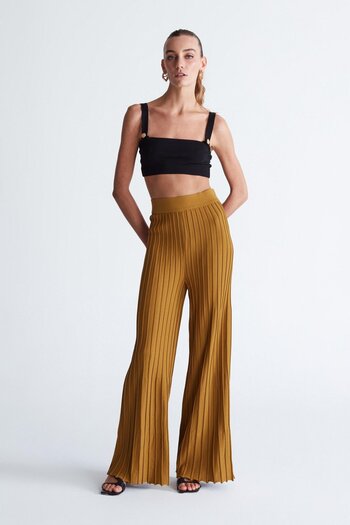 Peraluna Viola Trousers Rib Knitted Women's Knitwear Trousers with Elastic Waist - Olive