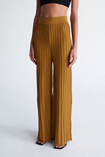 Peraluna Viola Trousers Rib Knitted Women's Knitwear Trousers with Elastic Waist - Olive