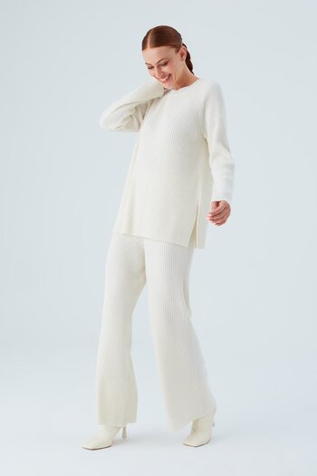 Peraluna Loose Cut Cashmere Mixed Tube Leg Women's Knitwear Trousers - Ecru