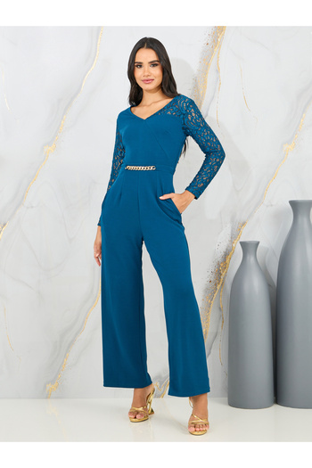 Styli Lace Cut Out Detail Sleeves Wide Leg Jumpsuit with Chain Accent