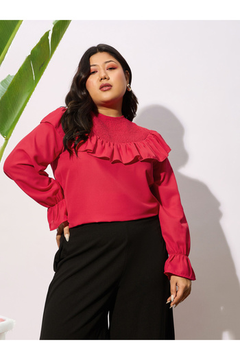 Sassafras By Styli Plus Solid Smocking Detail Frill Top