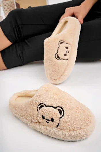 StWenn Teddy Bear Patterned Women's House Slippers Winter Woolen Dowry and Bundle Slippers Do Not Make Noise Thick Sole