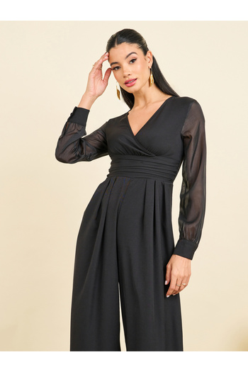 Styli Organza Sleeves Pleated Detail Wide Leg Tailored Jumpsuit
