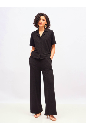 Sassafras By Styli Textured Knit Notch Collar Shirt & Darted Pants Co-Ords