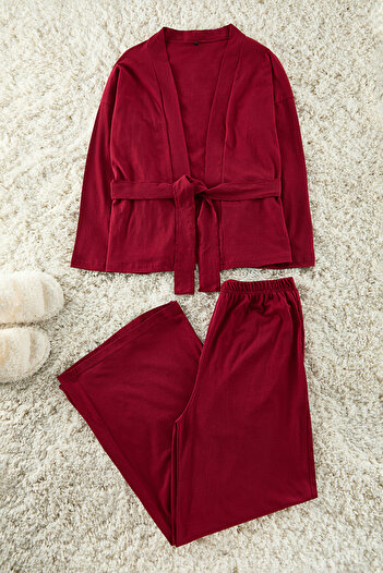 Trendyol Collection Burgundy Belted Cotton Loose Fit Knitted Pajamas Set Thmaw25Pt00228