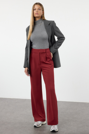 Trendyol Collection High Waist Claret Red Velcro Pleated Wide Leg Trousers - Twoaw24Pl00177