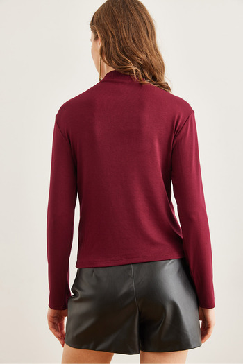 Olalook Burgunderrote, drapierte Soft-Touch-Bluse mit Stehkragen für Damen BLZ- 19002758