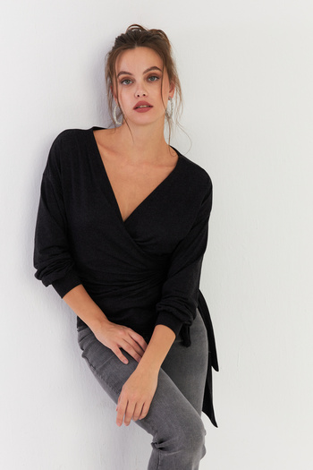 Cool & Sexy Women's Anthracite Tied Double Breasted Blouse Ey2933
