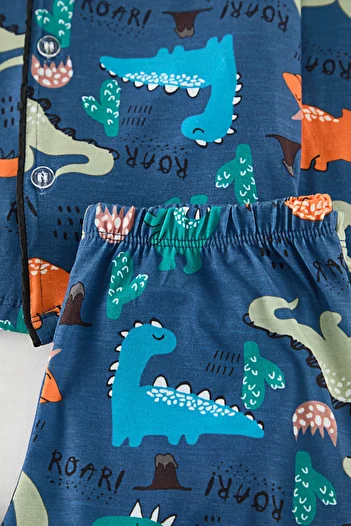 TRENDYOLKIDS Boy's Navy Blue Printed Pajama Set - Knitted Bottom-top Set Tkdaw25au00111