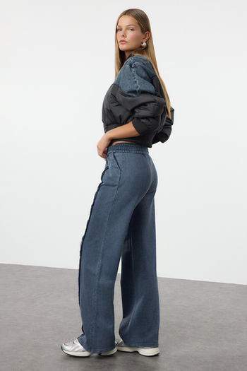 Trendyol Collection Indigo Washed Žebrované široké nohavice/široké pletené tepláky Kalhoty TWOAW25EA00036