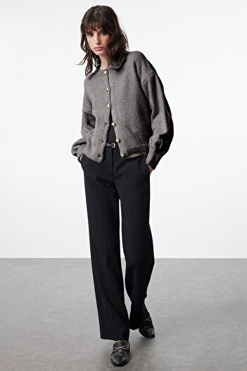 Trendyol Collection Anthracite Button Detailed Soft Textured Knitwear Cardigan Twoaw25Hi00147