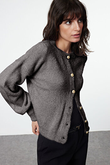Trendyol Collection Anthracite Button Detailed Soft Textured Knitwear Cardigan Twoaw25Hi00147
