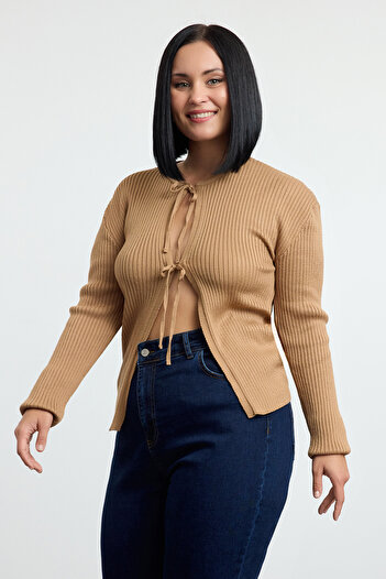 Trendyol Curve Corded Cut Brown Knitwear Cardigan - Soft Key Tbbaw25Av00019