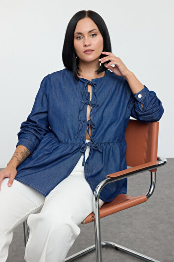 Trendyol Curve Dark Blue Front Tie Detail Plus Size Denim Shirt