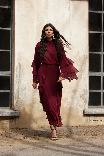 Trendyol Modest X Ai Burgundy Sleeves Ruffle Chiffon Tunic Tctaw25Uk00010