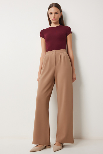 Happiness İstanbul Relaxed Fit Lycra Women's Knitted Trousers - Biscuit Rv00175