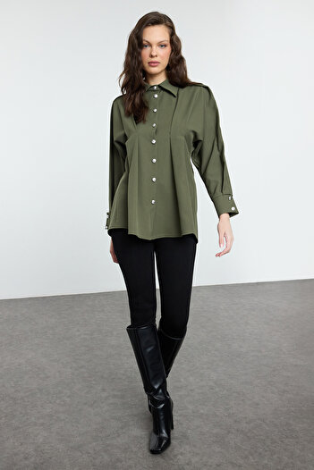 Trendyol Modest Khaki Pleated Detailed Woven Shirt Tctaw25Tg00007