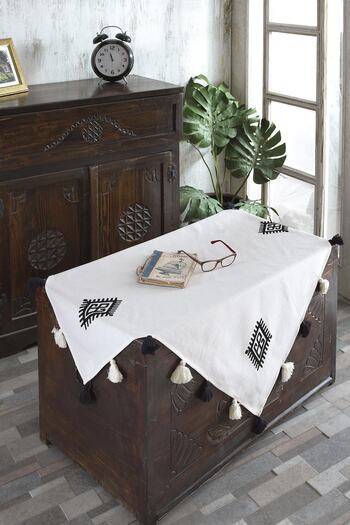 ÖDEL HOME Buldan Fabric Embroidered Tablecloth with Pompom Detail