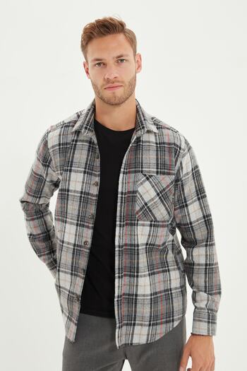 Trendyol Collection Single Pocket Gray Plaid Lumberjack Shirt - Winter Slim Fit Checked TMNAW22GO0090