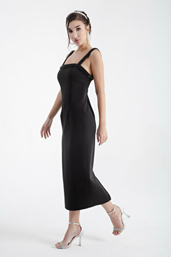 Lafaba Women's Black Pearl Midi Evening Dress