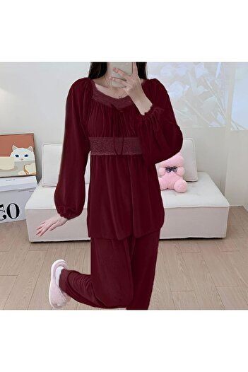moda4b Kadın Kadife Pijama Takimi 90, Bordo