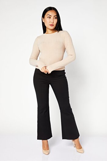 NA-KD Women Round Neck Long Sleeve Ribbed Open Back Top, Beige