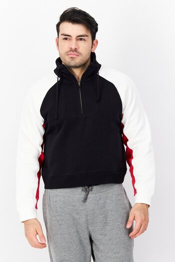 French Connection Men Hooded Colorblock Full Zip Sweatshirt, Black