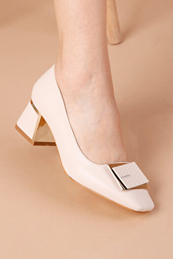 Getcho Rotten Women's Cream Buckle Short Heeled Shoes – Square Toe Stylish Ballerinas Suitable for Office and Daily Use