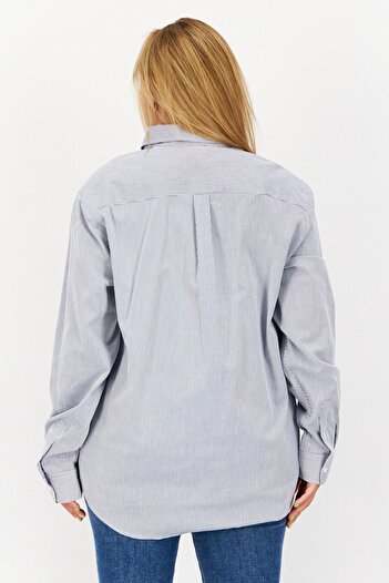 Esprit Women Button Down Collar Long Sleeves Stripe Casual Shirt, Blue