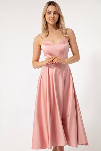 Lafaba Women's Powder Thin Strap Midi Satin Evening Dress