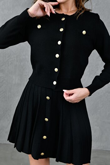 bayansepeti Stretchy Knitwear Fabric - Buttoned Design Black Cardigan and Mini Skirt Set 1150
