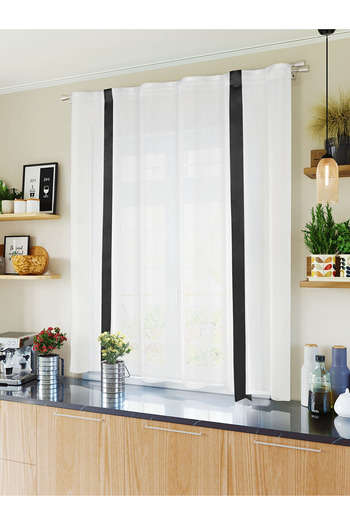 Perdeplus Off-White Linen Tulle Curtain with Black Tie Detail
