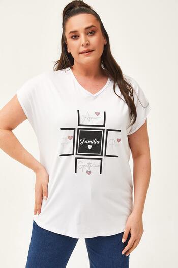 Ebsumu Γυναικεία λευκή μπλούζα με στάμπα Familia Plus Size