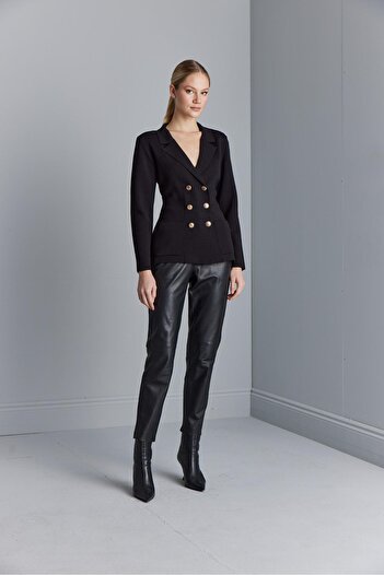 JOIN US Gold Düğmeli Kruvaze Siyah Triko Blazer Ceket