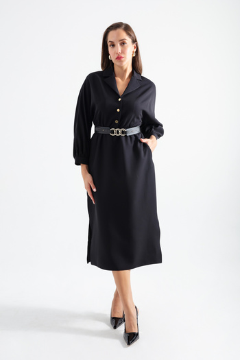 Lafaba Women's Black Shirt Collar Buttoned Midi Dress