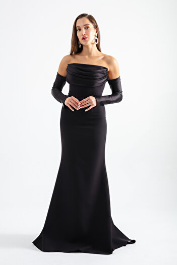 Lafaba Women's Black Collar Detailed Fishnet Evening Dress