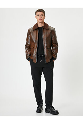 Koton Slim Fit Faux Fur Δερμάτινο μπουφάν με τσέπες