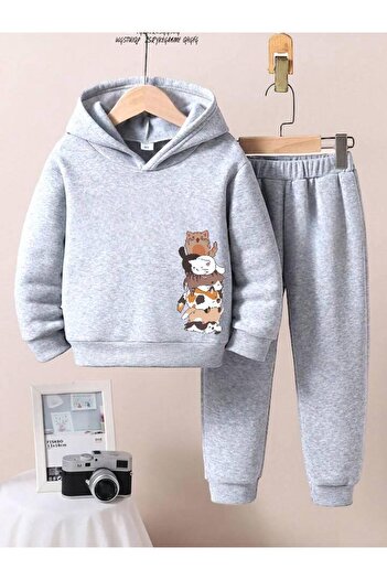 BENROMA Unisex Children's Tracksuit Set - Cat Printed, Oversize Fit