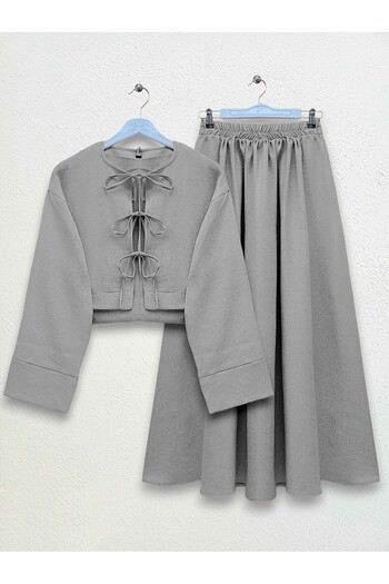 Modamorfo Gray Front Double Tie Jacket and Skirt Suit