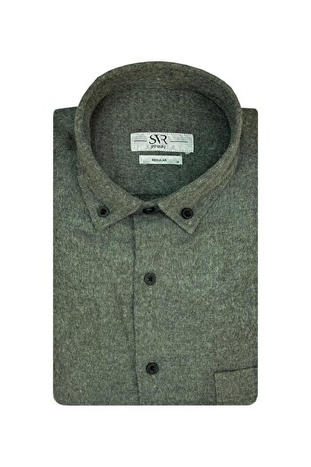 SÜVARİ Cavalry Loose Cut Men's Green Plain Flannel Winter Shirt with Pockets