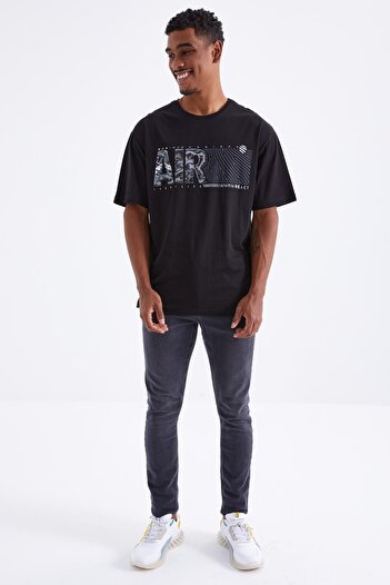 TOMMY LIFE Ανδρικό μπλουζάκι Oversize Black Air Printed O Neck - 88097