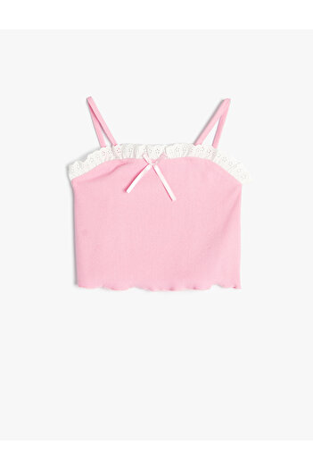 Koton Cotton Crop Tank Top - Ribbed with Bow Detail and Embroidery