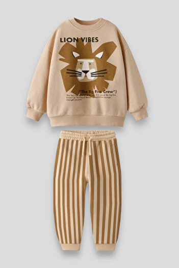 Magu Lion Patterned 3 Thread Cotton Sweatshirt and Striped Tracksuit Set for Boys