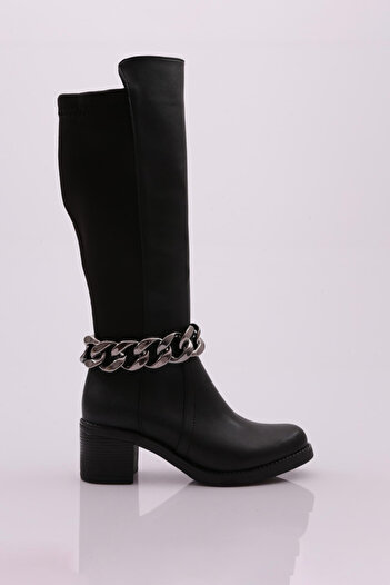 DGN Black Stretch Heeled Boots with Chain Detail - Women's 8172668