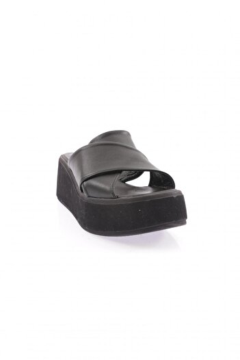 DGN Women's Cross Strap Thick Sole Slippers Black Genuine Leather 69133335